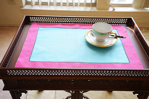 Multicolor Hemstitch Placemat 14"x20". Aqua Marine & Fuchsia - Click Image to Close